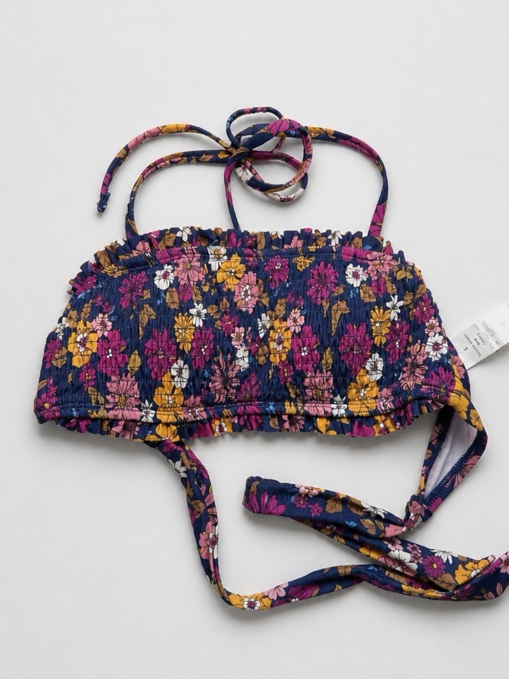 Cupshe Navy Floral Smocked Halter Crop Swim Top with Pink & Yellow Flowers - Picture 5 of 16
